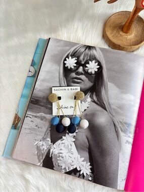 Sachin + Babi Navy, Blue and White Triple Drop Ball Earrings